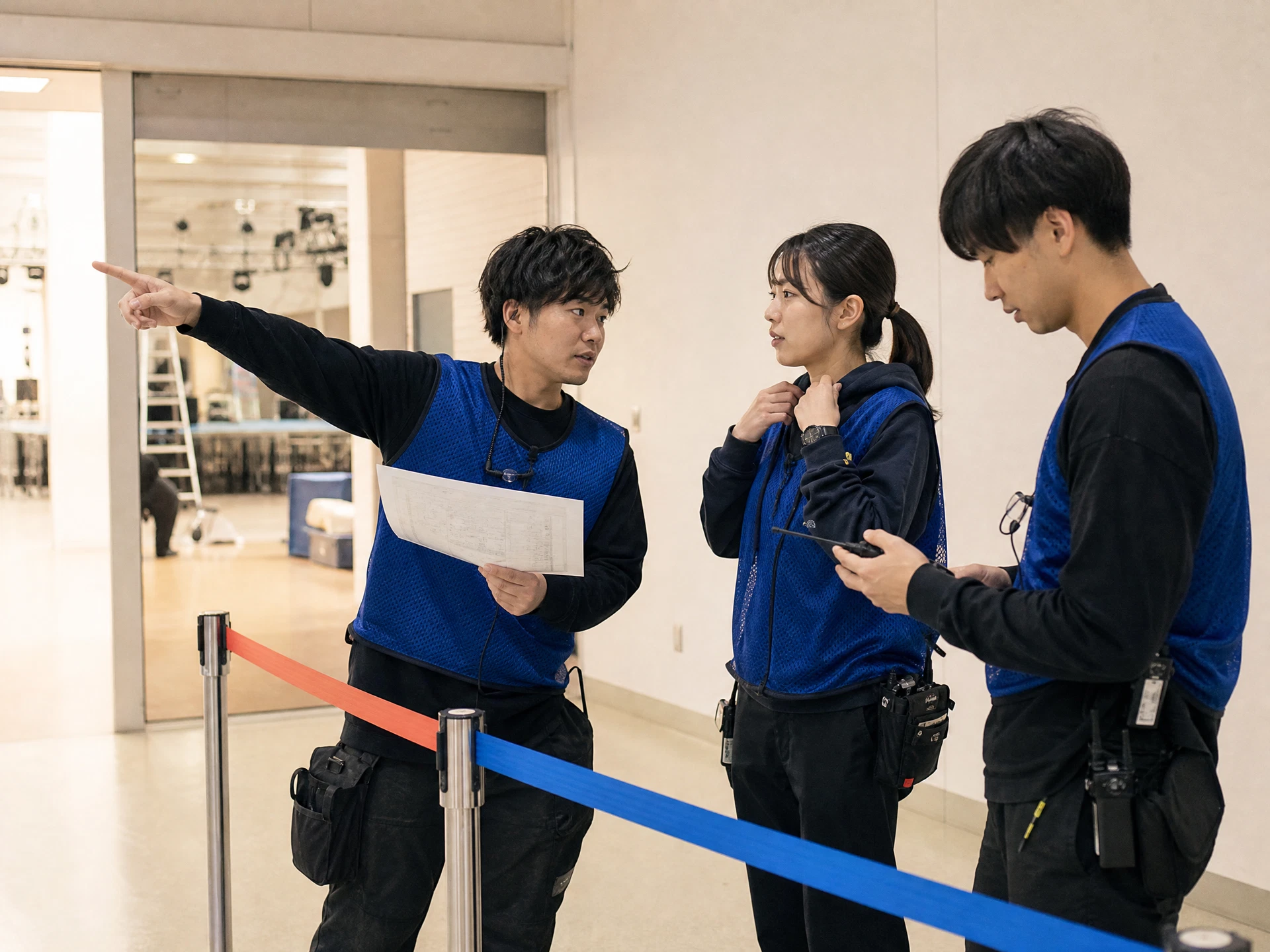 スタッフ同士が会場の動線を確認している様子